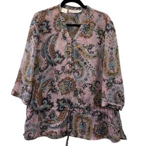 Kathy Chee‎ Paisley Print V Neck Tunic Top Women Size 16 Drawstring Boho
